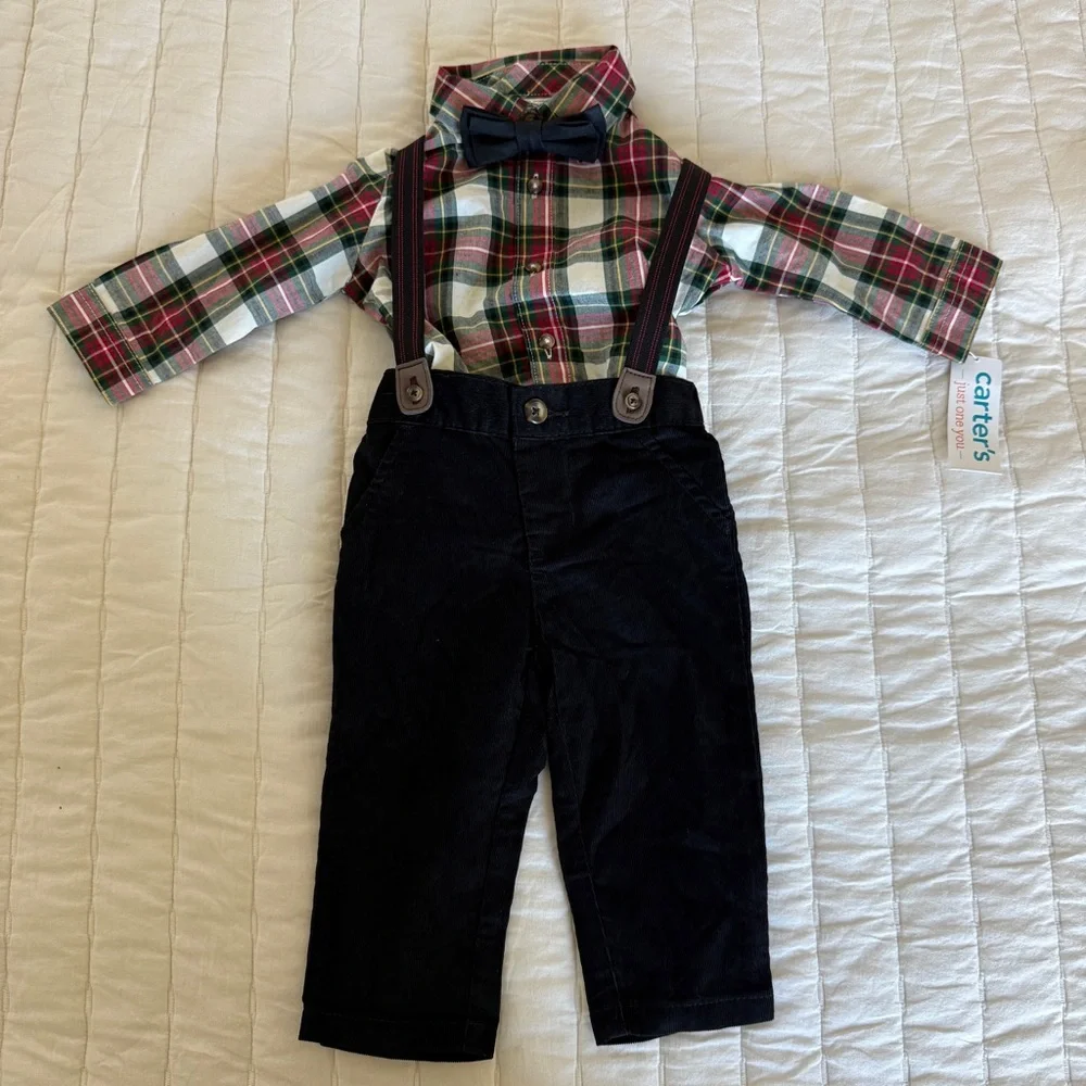NWT CAERTERS Boys outfit plaid shirt bow tie suspenders corduroy pants holiday